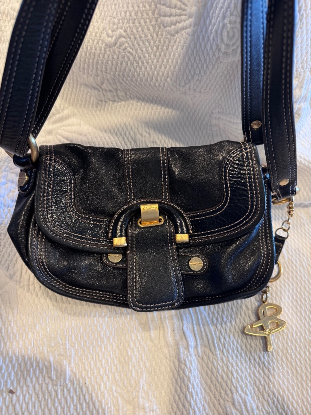 B. Makowsky Handbag Black Leather Double Handles or Shoulder Saddle Bag